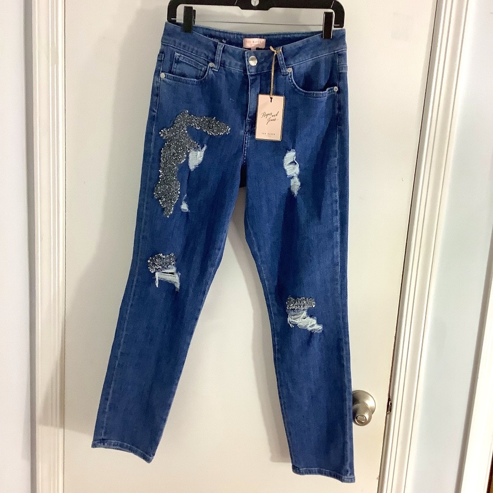 NWT TED BAKER LONDON SIZE 27 ABRASION BOYFRIEND JEANS MID-BLUE DISTRESSED